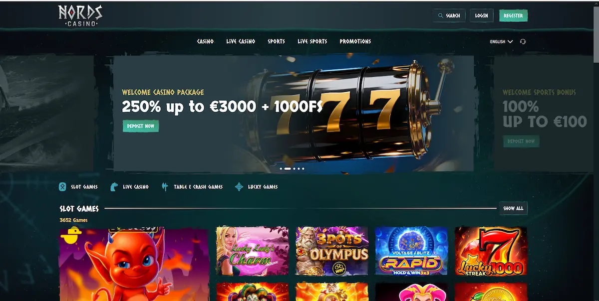 Startseite von Nords Casino mit Spielkatalog und Navigation